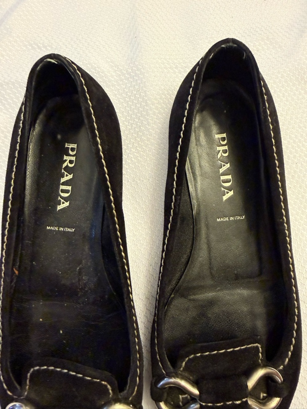 PRADA Black Suede Women's Loafers with Metal Bit